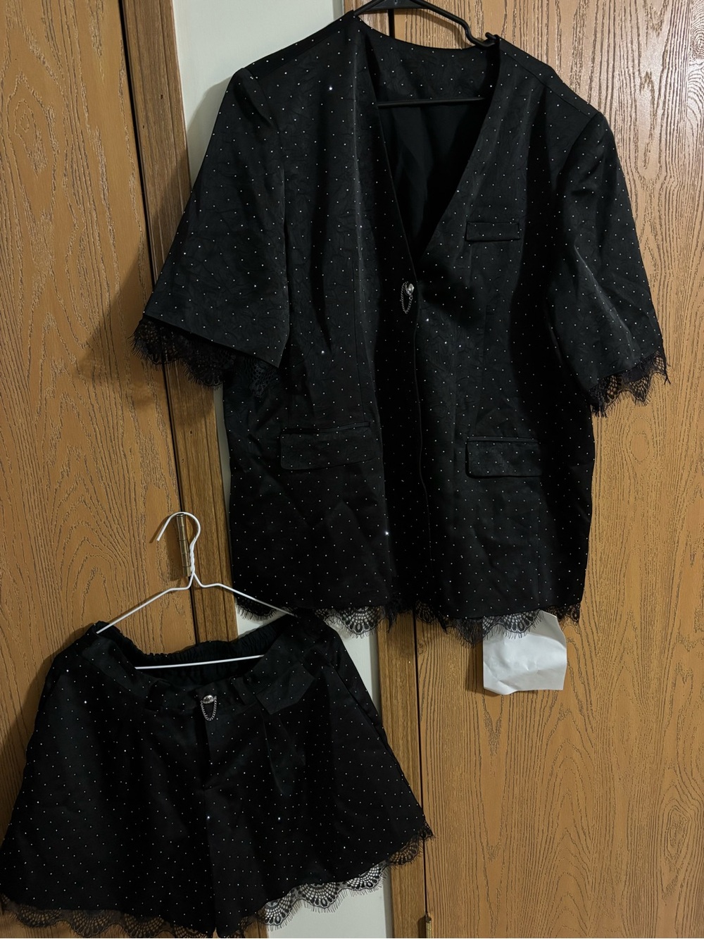 Women's Black Polka Dot Lace-Trim Blazer and Shorts Set